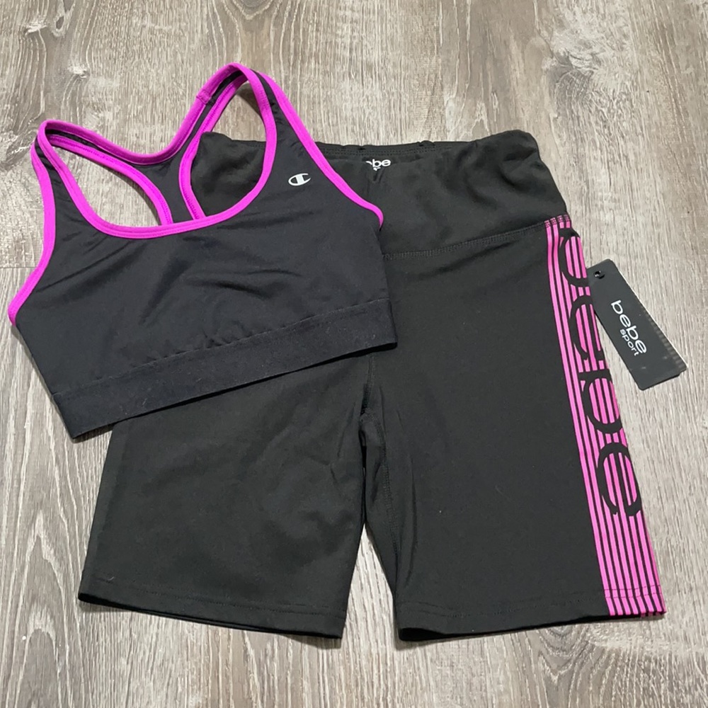 NWT bebe Rainbow Stripe Logo Bike Short Hot Pink